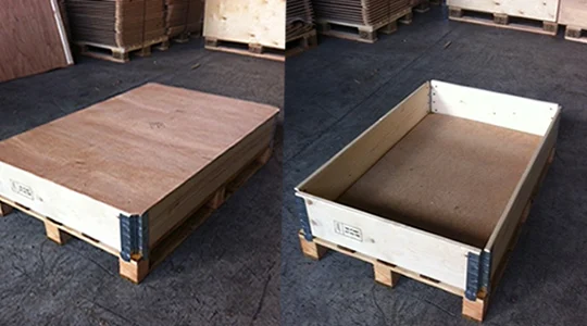 Wooden pallet collar arrangement with plywood lid and inserts