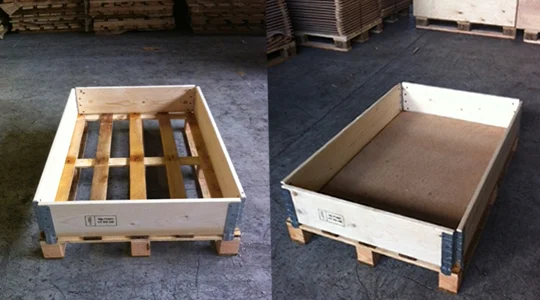 Wooden pallet collars fitted to a matching pallet